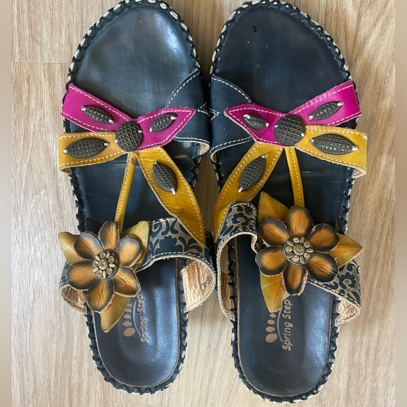 Spring Step CHARLOTTE Beaded Floral Leather Boho Sandals Slides Size 40 - Picture 2 of 5